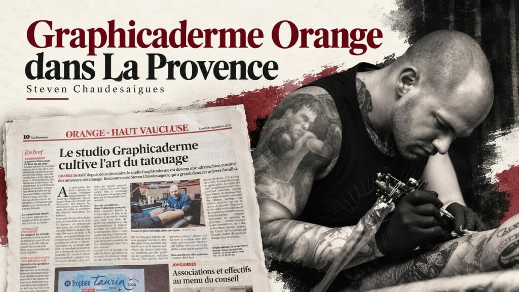 Montage de Steven Chaudesaigues tatouant et d’une page de La Provence consacrée au studio Graphicaderme Orange.